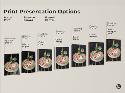 Print presentation options for the Champagne & Cards artwork. Available as a poster print stretched canvas or framed canvas. Each option enhances the eclectic style artwork.