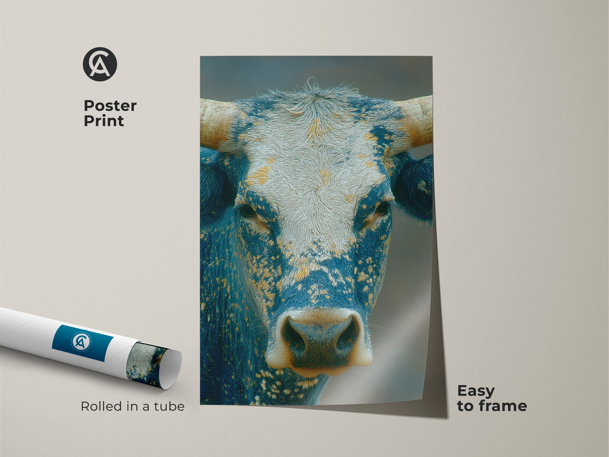 Poster print of a captivating blue and white bull artwork. Rolled in a tube for easy framing this museum-quality paper art highlights the intricate details of the animal. Enhance your wall decor with this striking bull portrait.