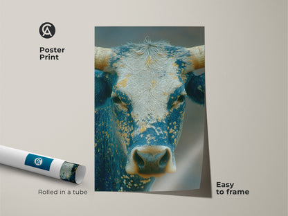 Poster print of a captivating blue and white bull artwork. Rolled in a tube for easy framing this museum-quality paper art highlights the intricate details of the animal. Enhance your wall decor with this striking bull portrait.
