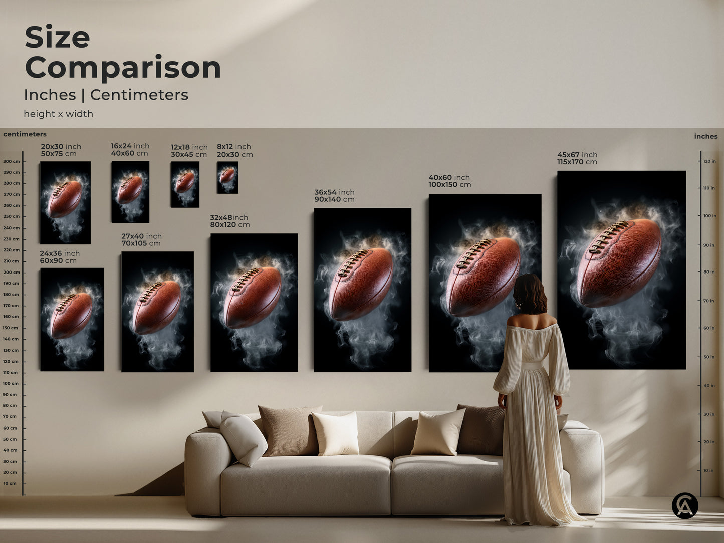 Size comparison of the smoky football canvas art in inches and centimeters. See how the artwork fits above a sofa to visualize the perfect scale for your modern office or man cave decor.