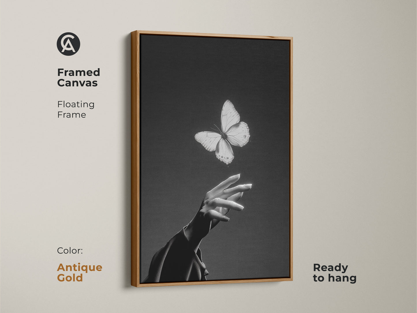 Framed canvas features a floating frame with an antique gold frame. This fine art insect artwork in monochrome is black and white abstract art. Contemporary bedroom decor and elegant living room canvas. A nature lover gift idea.
