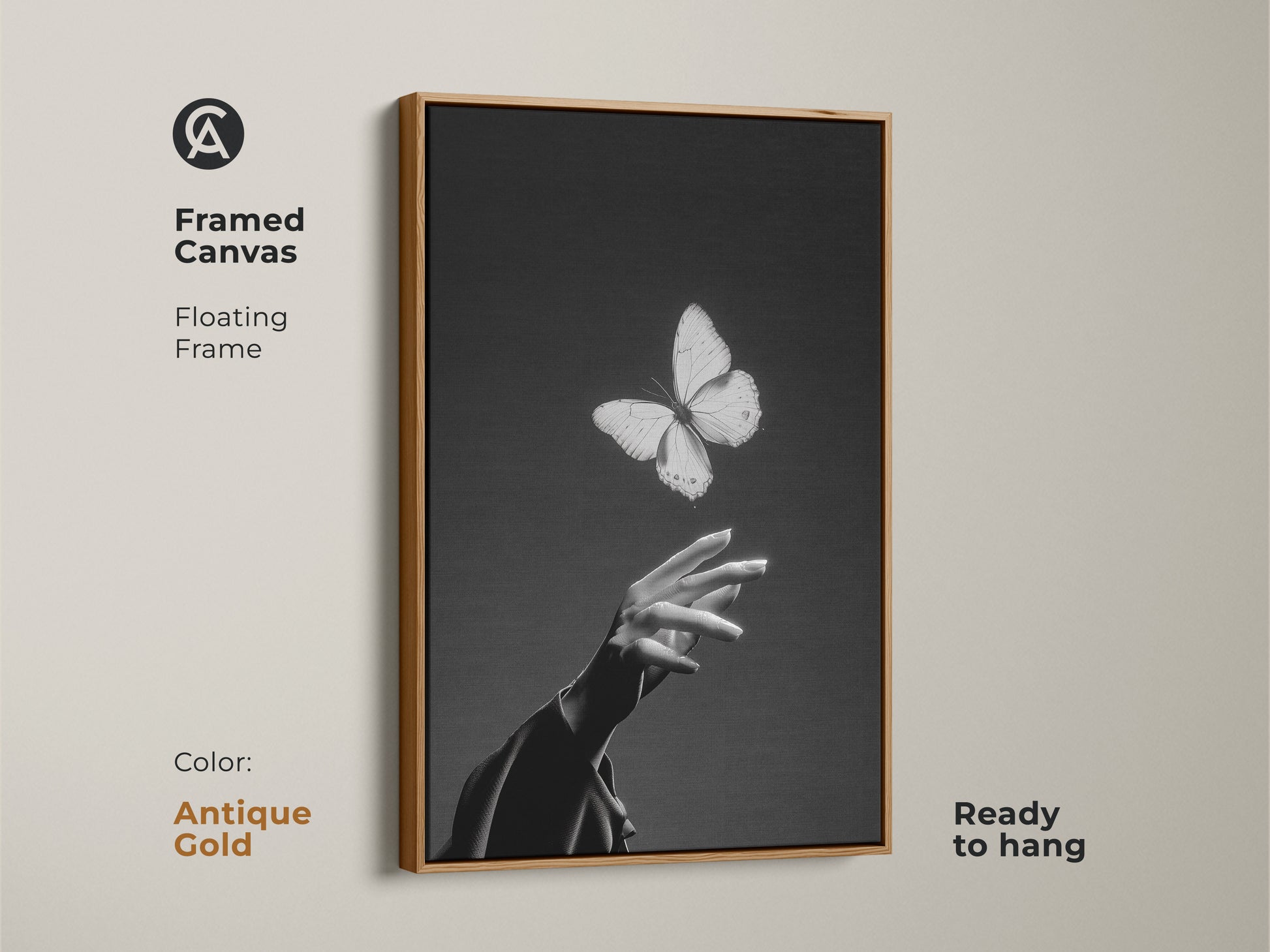 Framed canvas features a floating frame with an antique gold frame. This fine art insect artwork in monochrome is black and white abstract art. Contemporary bedroom decor and elegant living room canvas. A nature lover gift idea.