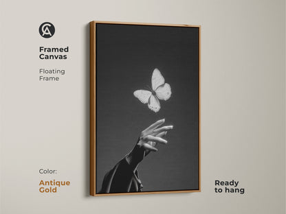 Framed canvas features a floating frame with an antique gold frame. This fine art insect artwork in monochrome is black and white abstract art. Contemporary bedroom decor and elegant living room canvas. A nature lover gift idea.