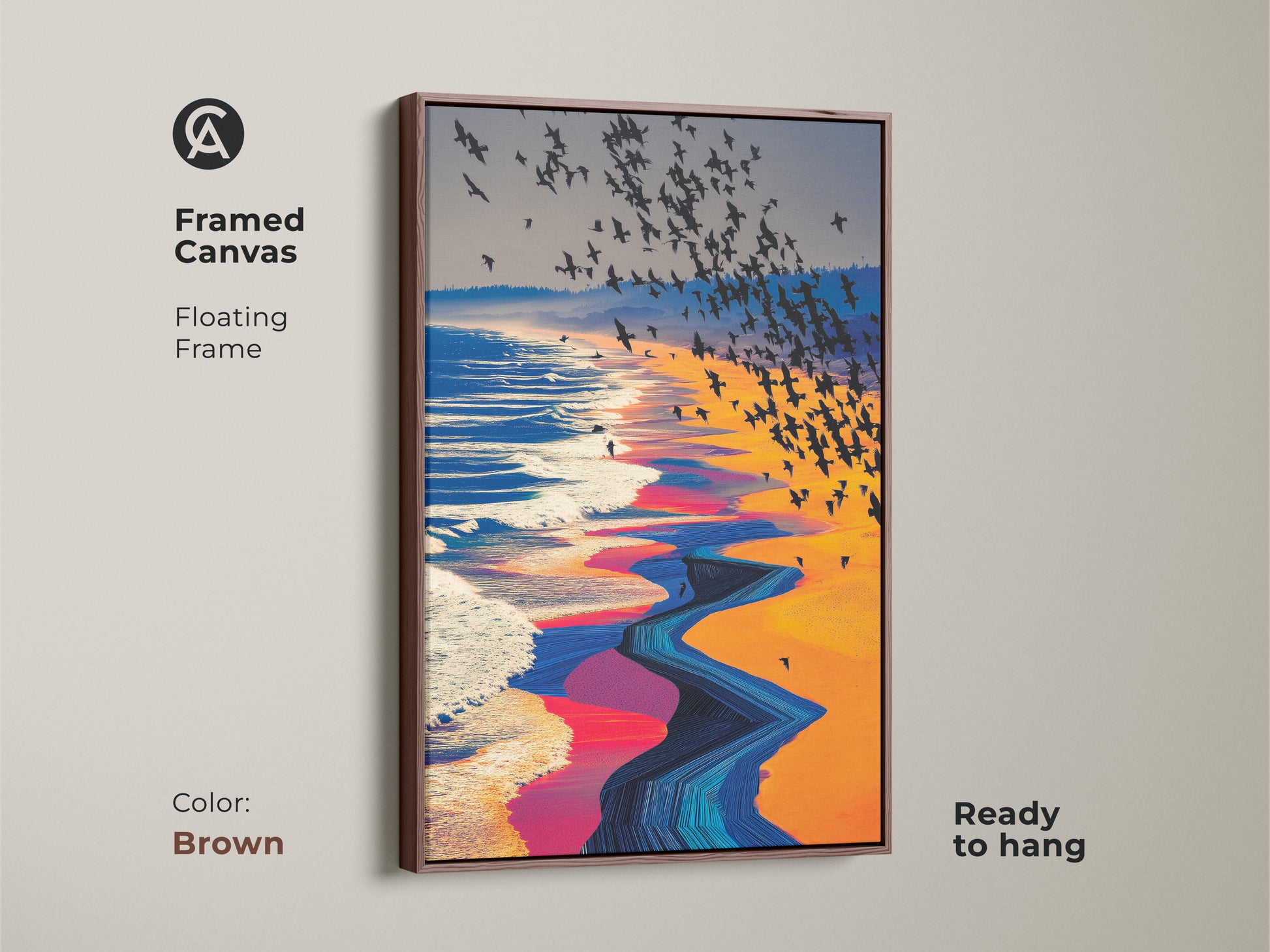 A framed canvas print with a brown floating frame presents a surreal beach scene. It features a flock of birds flying over abstract ocean waves. This ready-to-hang nature landscape artwork has vibrant orange yellow blue tones for eclectic decor.