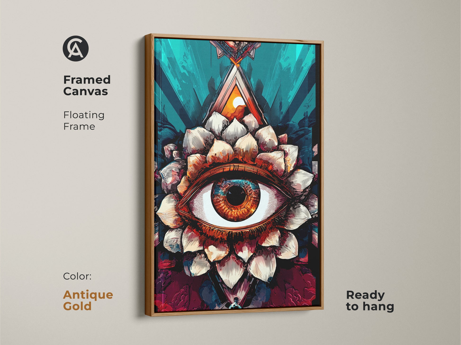 Framed canvas of surreal eye lotus art in an antique gold floating frame. This amber and teal artwork is ready to hang. Perfect for eclectic and spiritual home decor. This abstract third eye painting adds a unique and mystic focal point to any room.