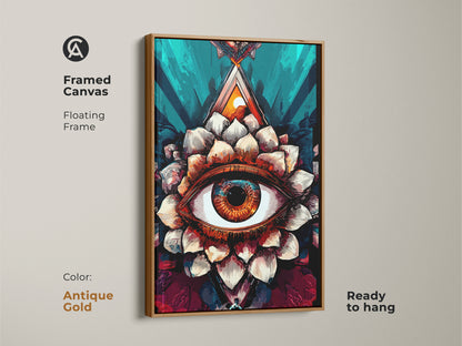 Framed canvas of surreal eye lotus art in an antique gold floating frame. This amber and teal artwork is ready to hang. Perfect for eclectic and spiritual home decor. This abstract third eye painting adds a unique and mystic focal point to any room.
