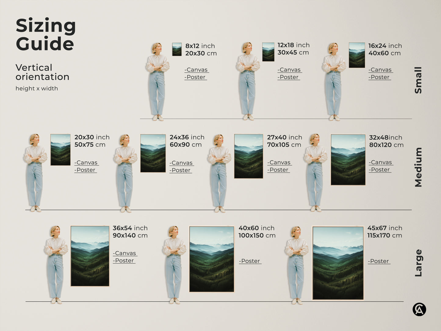 Sizing guide for vertical forest valley landscape canvas and poster prints. Find the perfect size for your modern farmhouse decor. Enhance your space with nature inspired artwork.