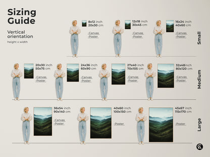 Sizing guide for vertical forest valley landscape canvas and poster prints. Find the perfect size for your modern farmhouse decor. Enhance your space with nature inspired artwork.
