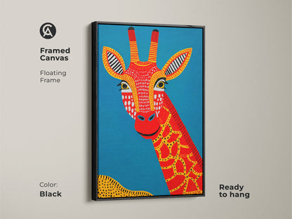 Framed Canvas showcasing the Tribal Giraffe Painting. This black framed art is ready to hang. It enhances any space with its unique animal print. The red and blue wall art features yellow accents bringing a bright bohemian touch. A perfect contemporary piece for living rooms or home offices.