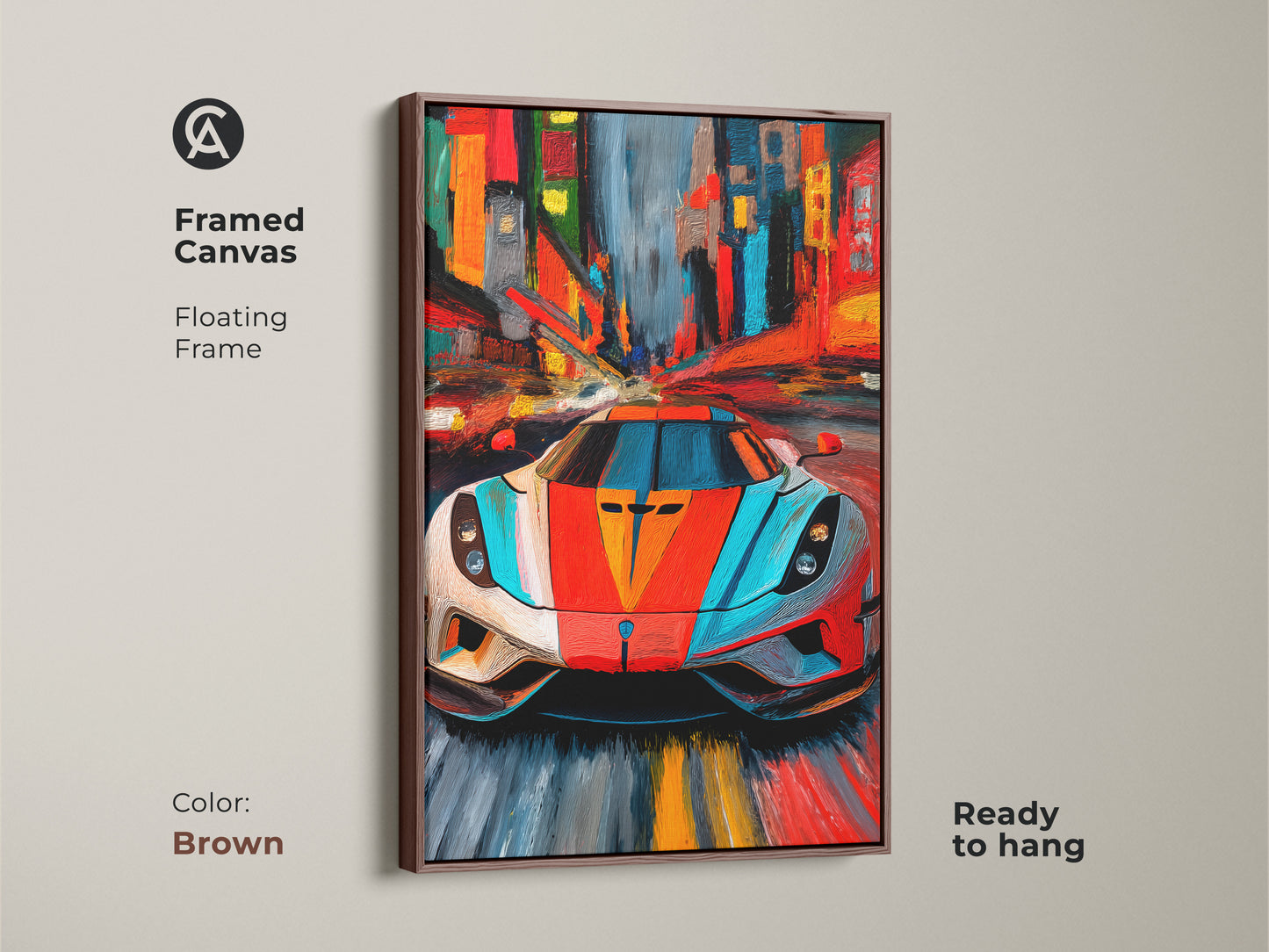 Framed abstract supercar canvas in a brown floating frame. This modern cityscape wall art adds a contemporary touch. Red blue and orange hues create a sense of speed and energy. Ideal for F1 fans and car enthusiasts looking to enhance their decor. Ready to hang and display.