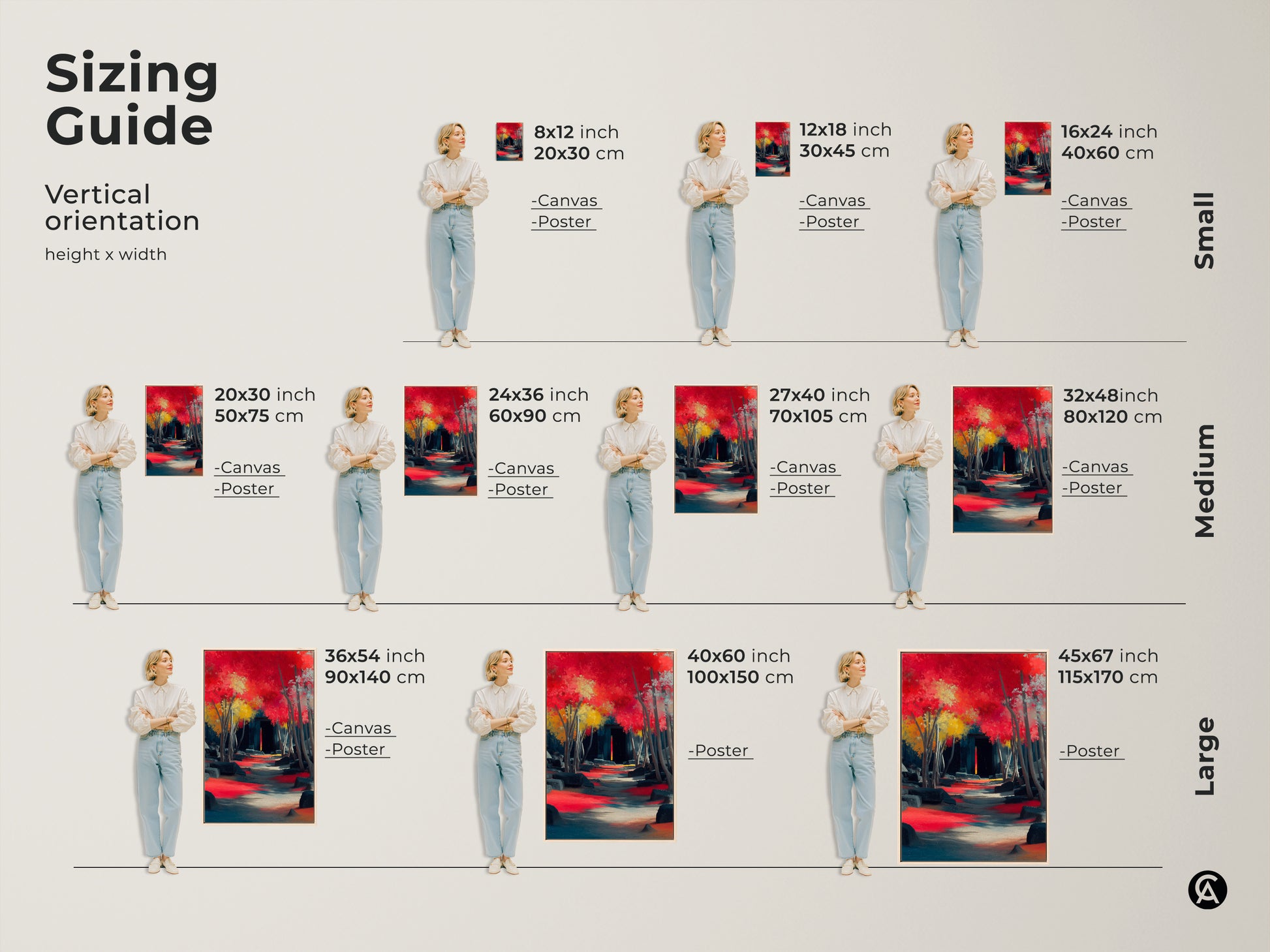 Sizing guide showcasing crimson red teal impressionistic landscape art. Visualize canvas and poster art in various sizes to fit any space. Perfect wall art for travel enthusiasts seeking eclectic home decor solutions and gifts.
