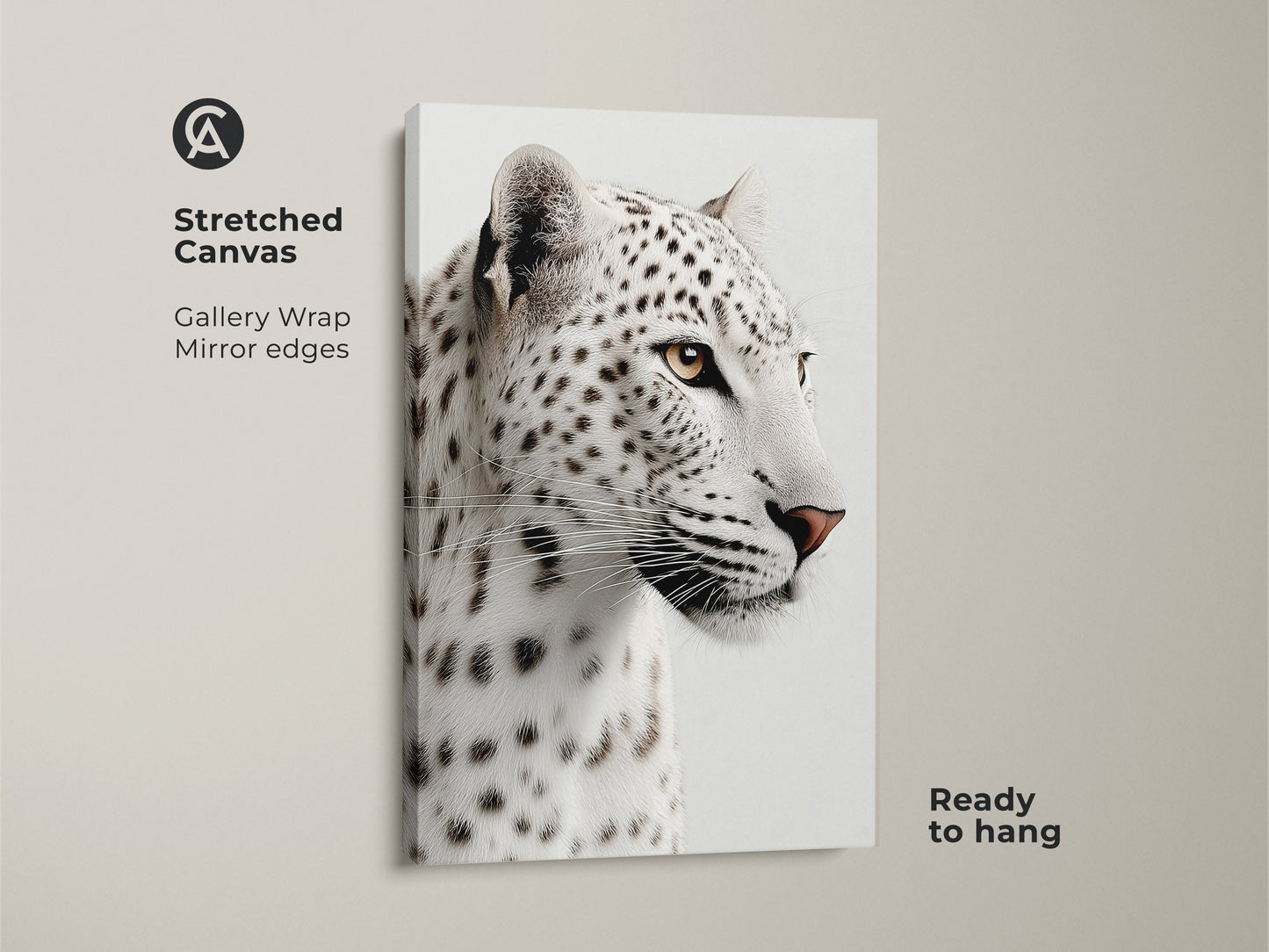 A stretched canvas featuring a realistic snow leopard face. This gallery-wrapped canvas with mirrored edges is ready to hang. This piece offers a modern aesthetic for animal lovers home decor wall.