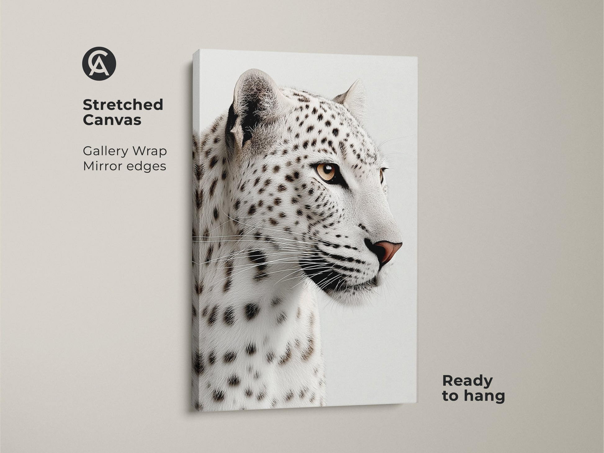 A stretched canvas featuring a realistic snow leopard face. This gallery-wrapped canvas with mirrored edges is ready to hang. This piece offers a modern aesthetic for animal lovers home decor wall.