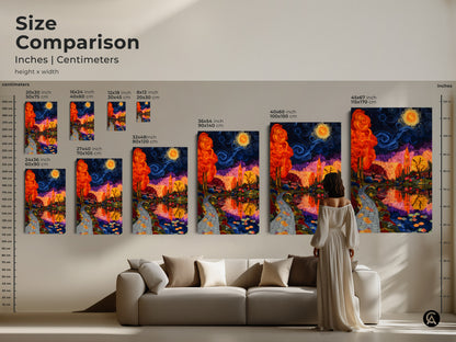 Size Comparison of Impressionist Landscape Canvas Art Prints. This artwork adds artistic flair to any living room. It is available in various sizes to fit your space. This colorful trees canvas art enhances your home decor as a unique accent piece.