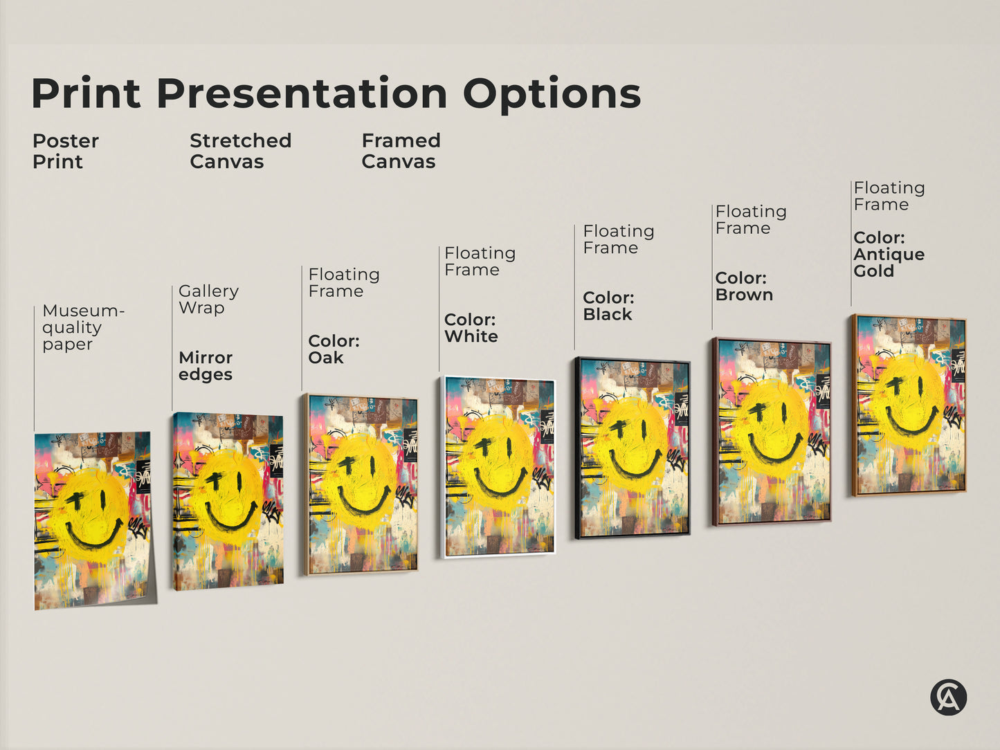 Explore print presentation options for a graffiti smiley face artwork. Choose from poster prints stretched canvas and framed canvas. Select a floating frame in black brown antique gold oak or white. Personalize your art to match your decor.