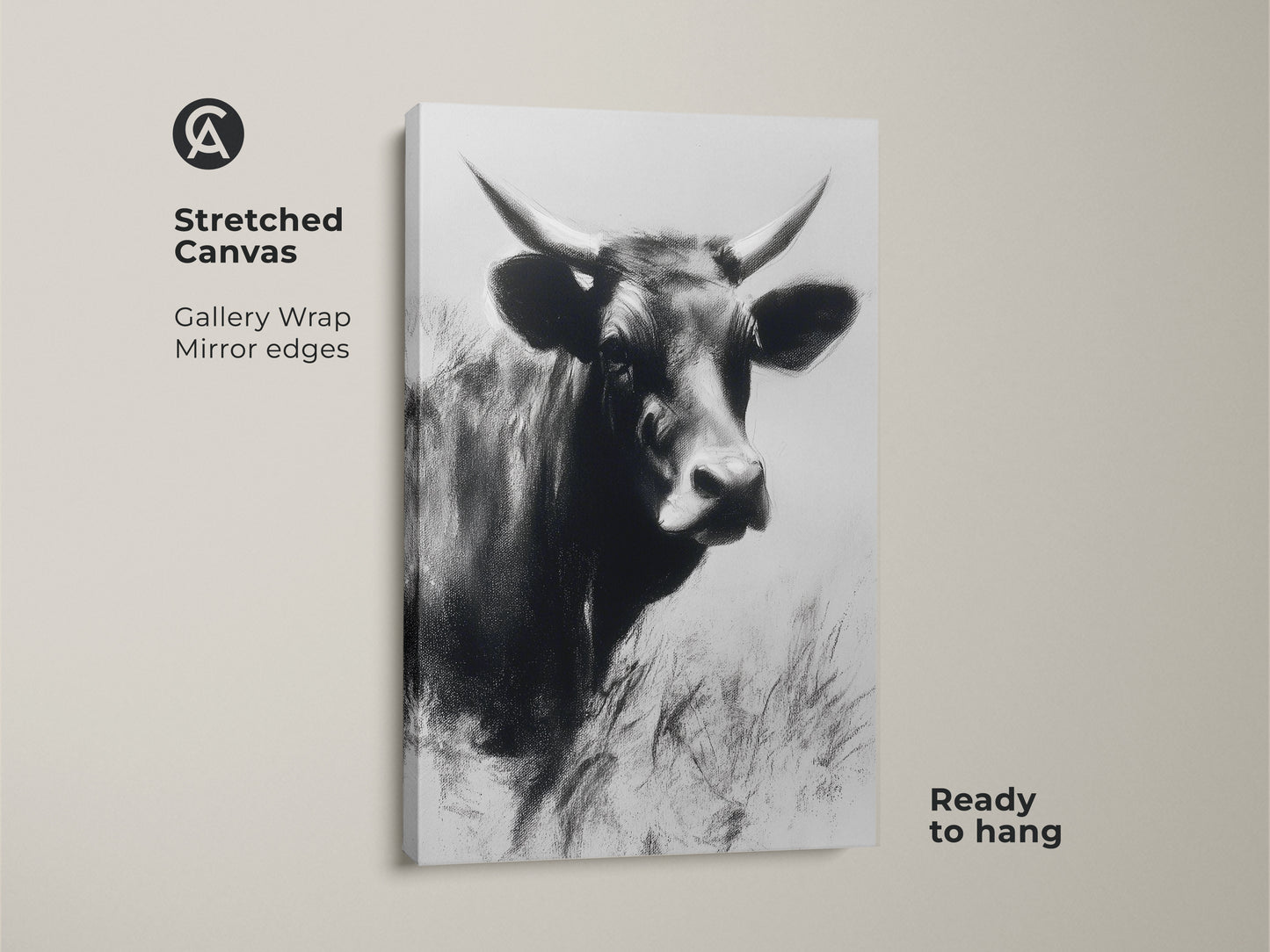 Stretched canvas featuring a monochrome cow art print. Gallery wrap with mirror edges gives a modern touch. This black and white farm animal artwork is ready to hang. Ideal rustic farmhouse wall art.