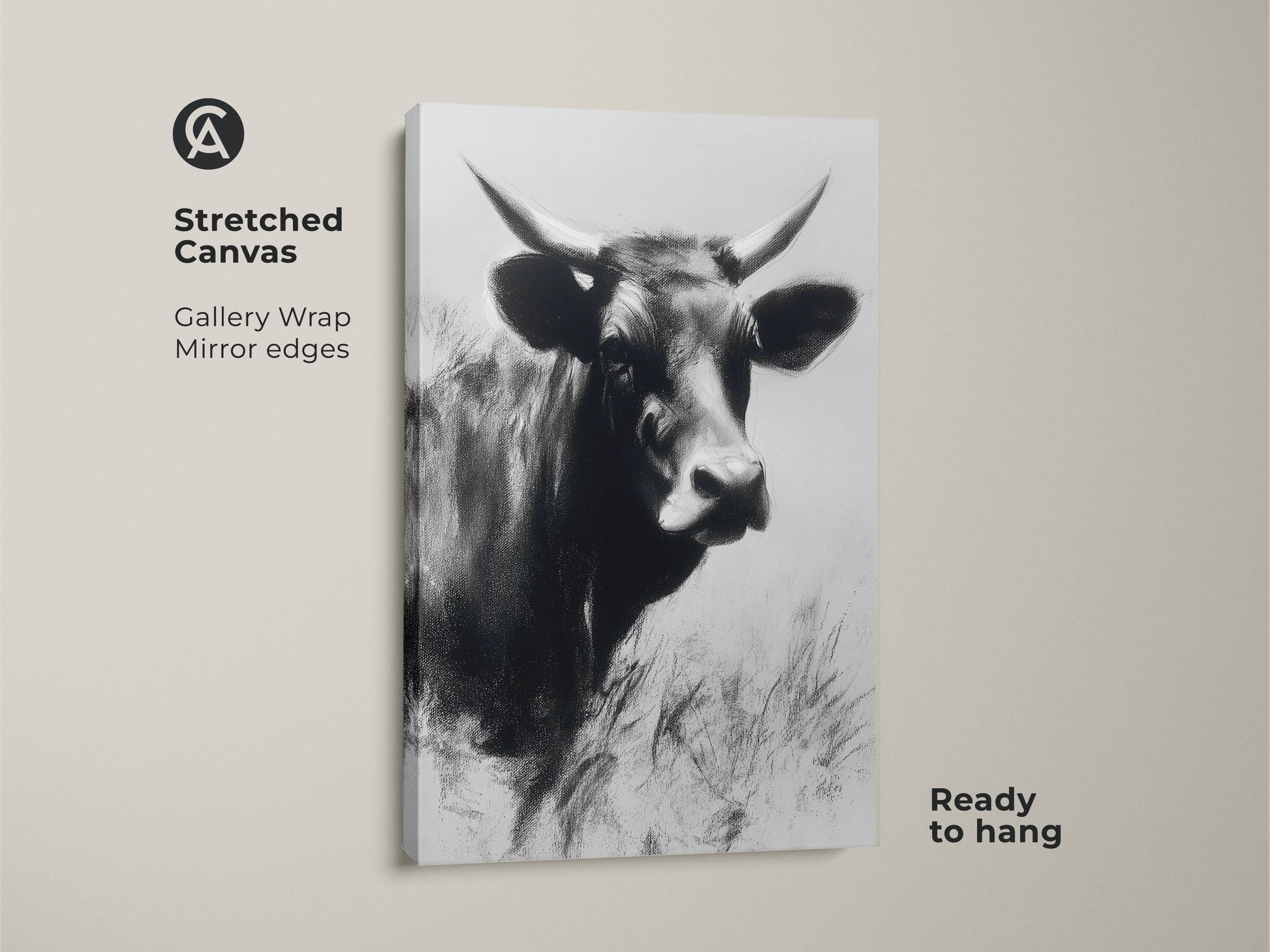 Stretched canvas featuring a monochrome cow art print. Gallery wrap with mirror edges gives a modern touch. This black and white farm animal artwork is ready to hang. Ideal rustic farmhouse wall art.