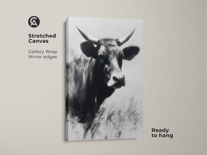 Stretched canvas featuring a monochrome cow art print. Gallery wrap with mirror edges gives a modern touch. This black and white farm animal artwork is ready to hang. Ideal rustic farmhouse wall art.
