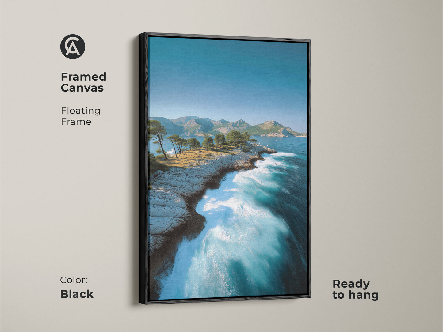 Black Framed Canvas of Ocean Cliff Art. This floating frame showcases deep blue sea artwork with pine trees. Ready to hang for an instant coastal living room decor upgrade.