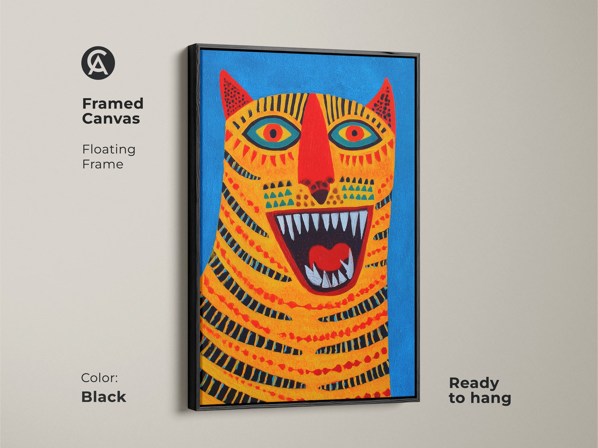 Framed Canvas Abstract Tiger Face Art in Black Frame. This colorful animal canvas print has a floating frame. The eclectic home decor art is ready to hang. This whimsical tiger print brings a bold energy to any space. A great birthday gift for him.