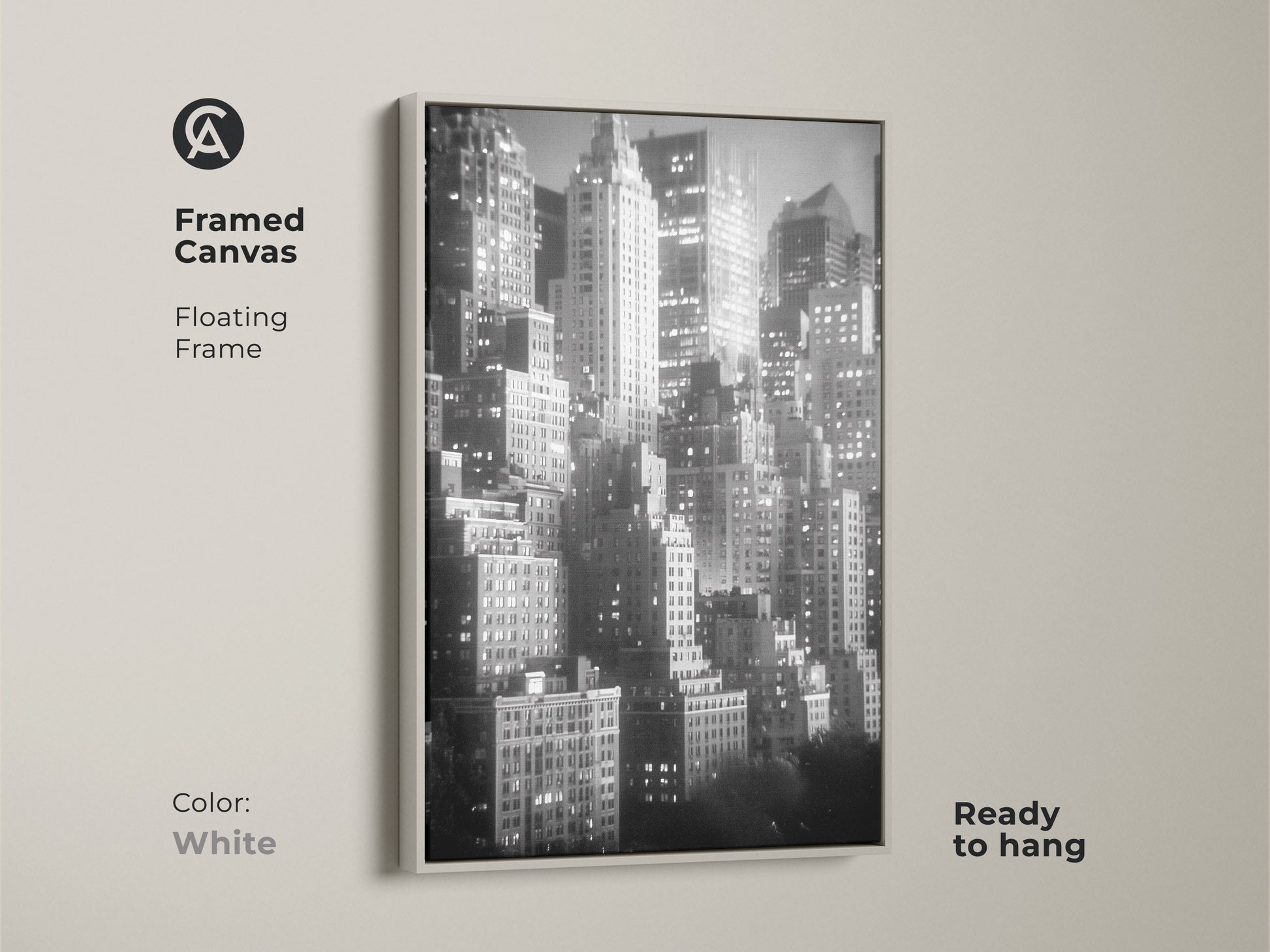 This framed canvas features a floating frame in white. The black and white skyline artwork is ready to hang. Add a touch of modern elegance to your home with this NYC art.