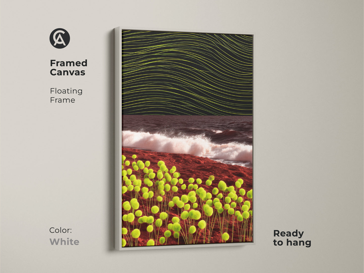 White framed canvas presenting abstract orb and wave art. This modern wall decor features lime green and dark brown tones. Ready to hang and stylish for any room.
