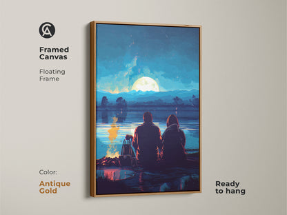 Framed canvas in antique gold featuring a couple near a campfire. The full moon is over a lake. This stylized digital painting is a thoughtful anniversary present. It is ready to hang in any room.