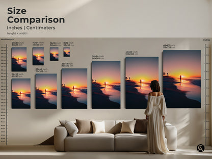 Compare sizes of beach sunset art prints in inches and centimeters. A solitary walker and lifeguard tower add coastal charm. See how 20x30 to 45x67 inch artworks look. This piece can transform your living room. Find a housewarming gift for her.