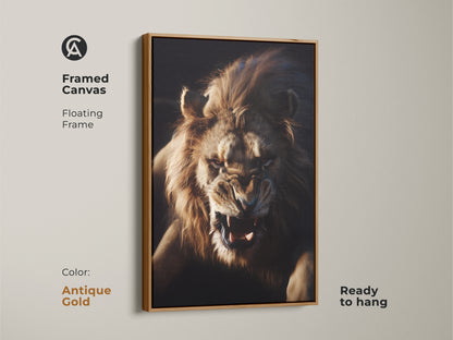 Roaring Lion Face Wall Art on framed canvas with a floating frame in antique gold. This wildlife animal poster decor is ready to hang. The intense lion gaze art makes it a striking focal point. Ideal as a residential wall art decor.