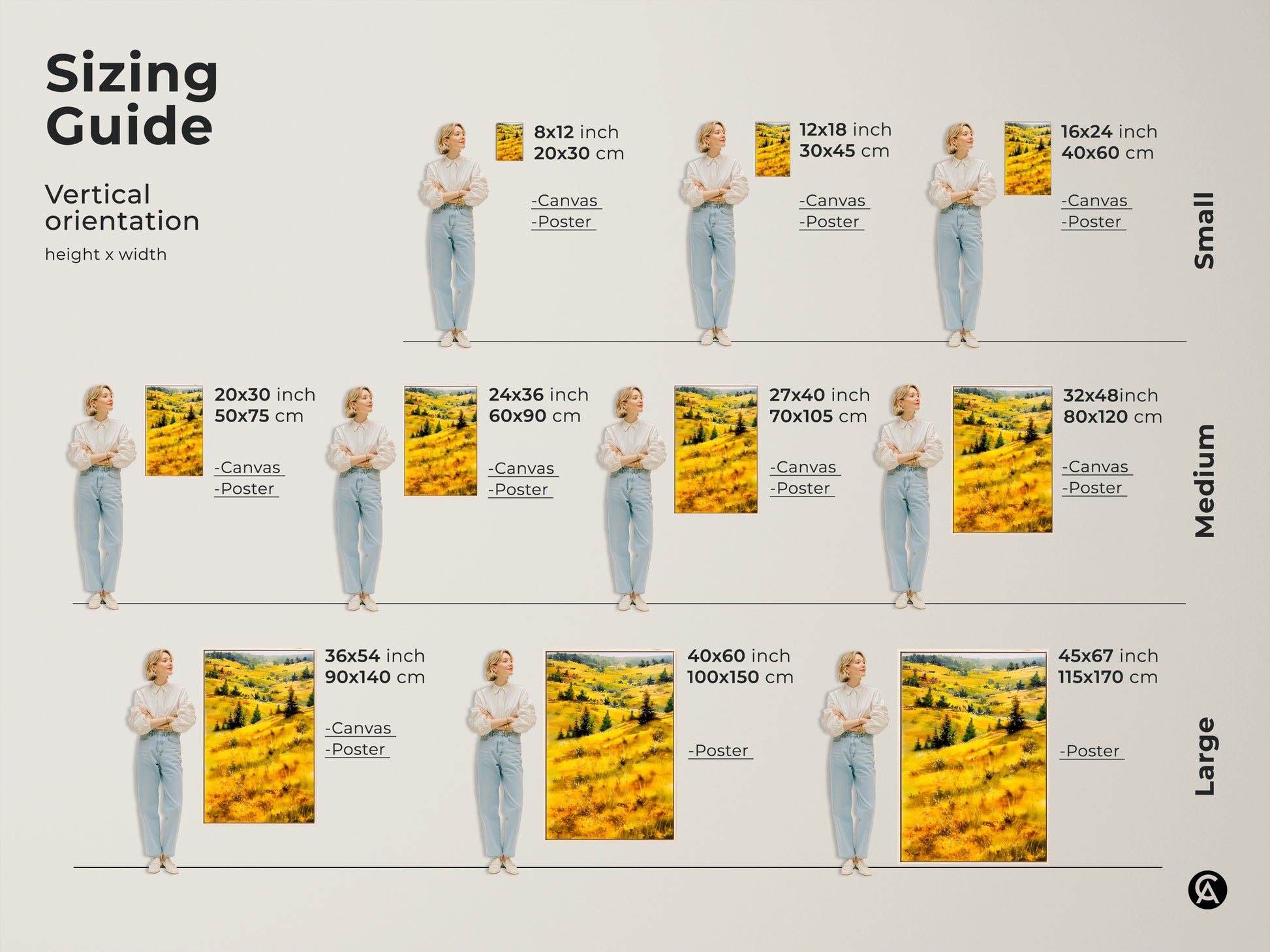 Sizing guide for vertical orientation landscape art prints. Available in small medium and large sizes. Dimensions include 8x12 inch 20x30 cm to 45x67 inch 115x170 cm. Perfect for canvas or poster prints. Find the ideal fit for your space.