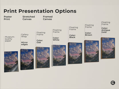 Print presentation options include poster print and stretched canvas. Framed canvas art in various colors is also available. Find luminism landscape art for home decor.