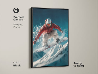 Framed canvas featuring a snowboarder in a dynamic jump is ready to hang. A sleek black floating frame enhances this winter sports artwork. Perfect for adding a modern touch and adventurous spirit to your home or office decor.