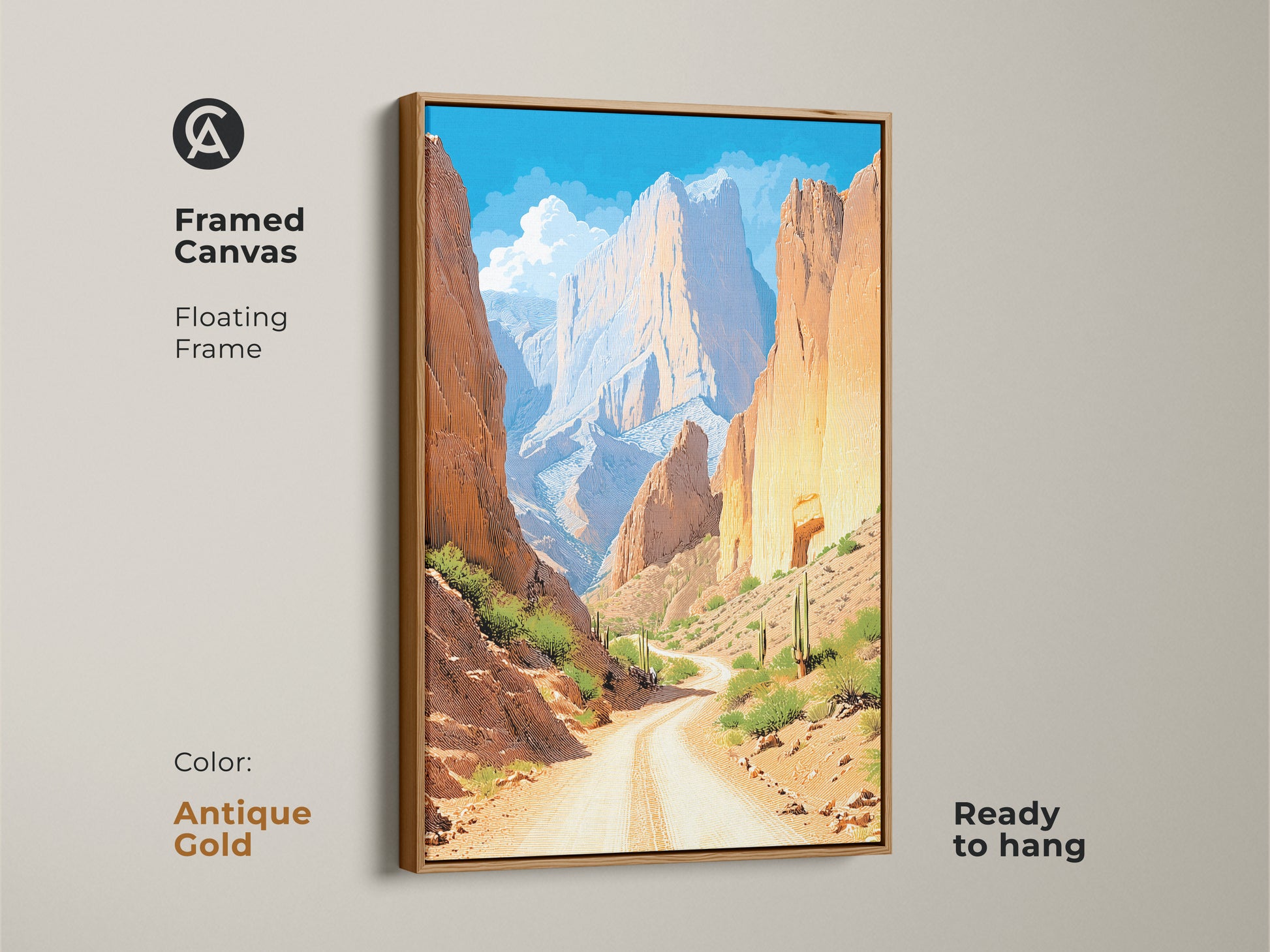 Elevate your space with this orange and yellow desert art. This framed canvas print features an antique gold floating frame. The mountain landscape canvas captures the essence of the Southwest. The artwork is ready to hang. This unique home decor complements any room.