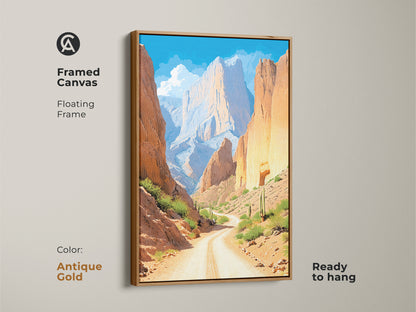 Elevate your space with this orange and yellow desert art. This framed canvas print features an antique gold floating frame. The mountain landscape canvas captures the essence of the Southwest. The artwork is ready to hang. This unique home decor complements any room.