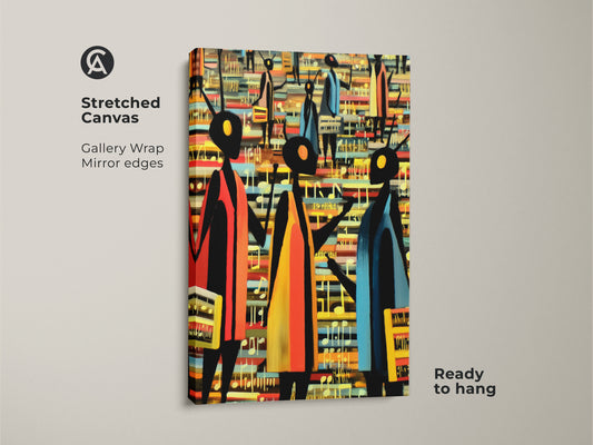 Stretched canvas art features an abstract African safari scene. The gallery wrap has mirror edges. This boho print is ready to hang. The colorful figures and musical notes create an eclectic vibe. Perfect as a unique gift. This wildlife canvas art adds a vibrant touch to any space.