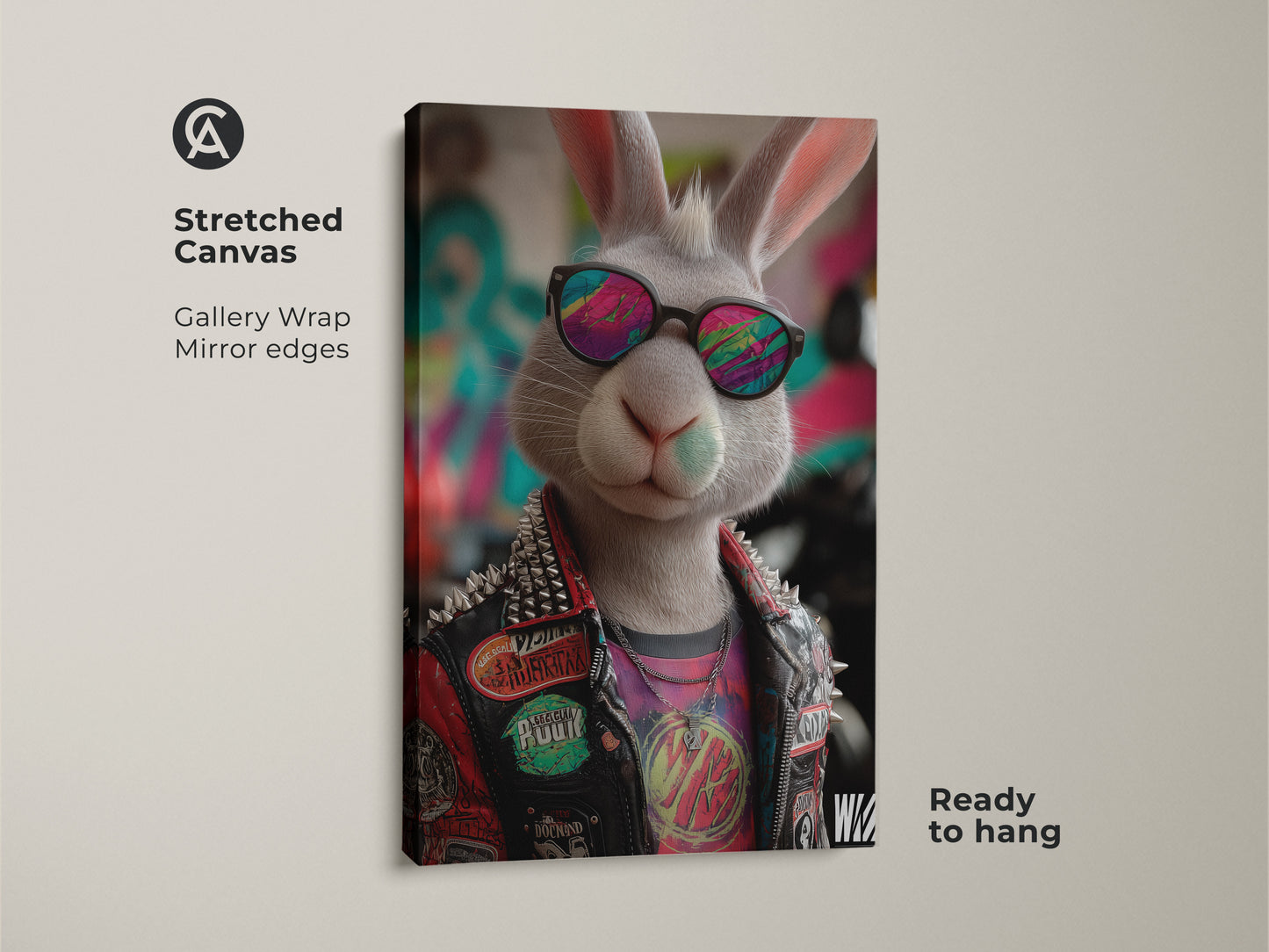 Stretched canvas print of a punk rock bunny art. Features a graffiti-style backdrop and cool sunglasses. Ready to hang with gallery-wrapped edges. This unique animal art adds an edgy vibe to any room. Great for a teen's space or man cave. It's perfect for alternative music fans
