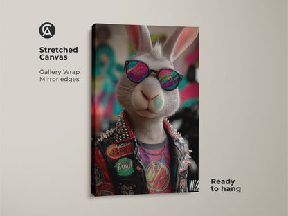 Stretched canvas print of a punk rock bunny art. Features a graffiti-style backdrop and cool sunglasses. Ready to hang with gallery-wrapped edges. This unique animal art adds an edgy vibe to any room. Great for a teen's space or man cave. It's perfect for alternative music fans
