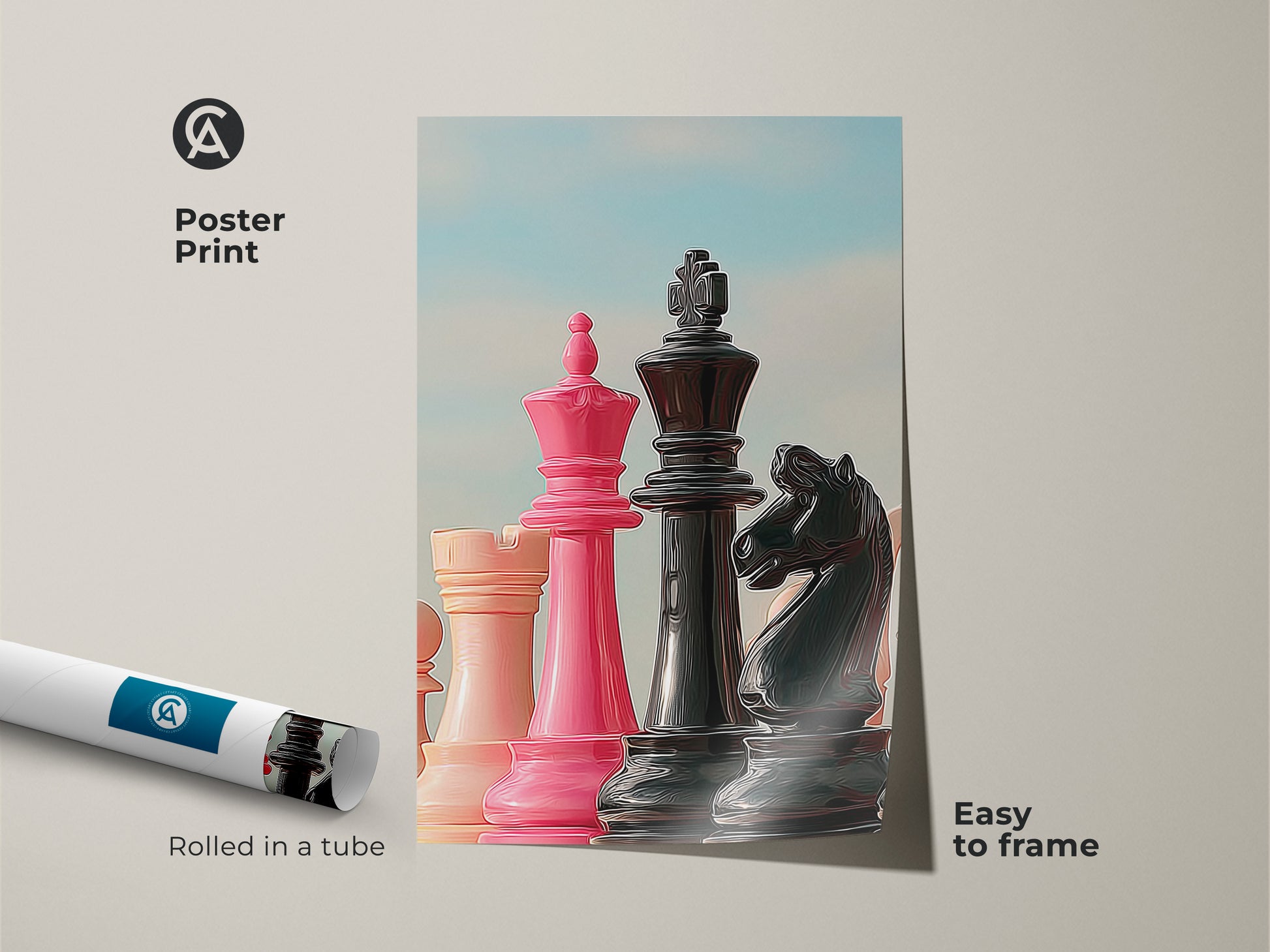 Poster Print featuring a striking arrangement of chess pieces. This abstract strategy art is rolled in a tube. The print includes a pink King and Queen and a black Knight. Easy to frame makes it a versatile wall decor option.
