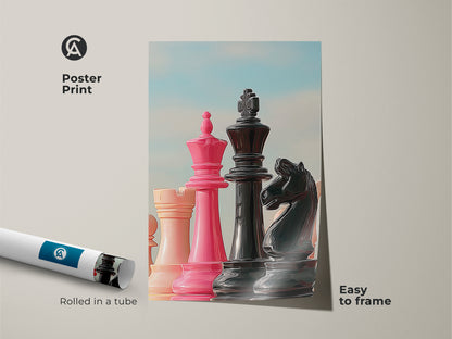 Poster Print featuring a striking arrangement of chess pieces. This abstract strategy art is rolled in a tube. The print includes a pink King and Queen and a black Knight. Easy to frame makes it a versatile wall decor option.