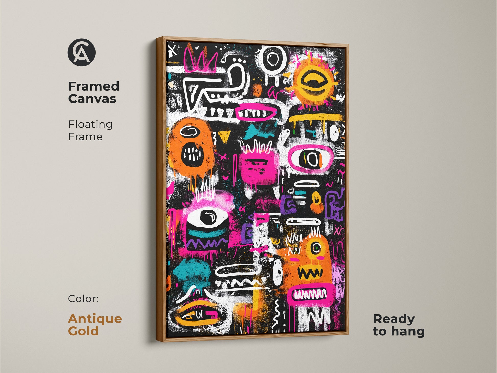 Framed canvas featuring abstract graffiti artwork. The floating frame enhances the artwork. The artwork is ready to hang and adds a touch of urban flair to any space. This framed canvas comes in antique gold. Transform your walls with this unique piece