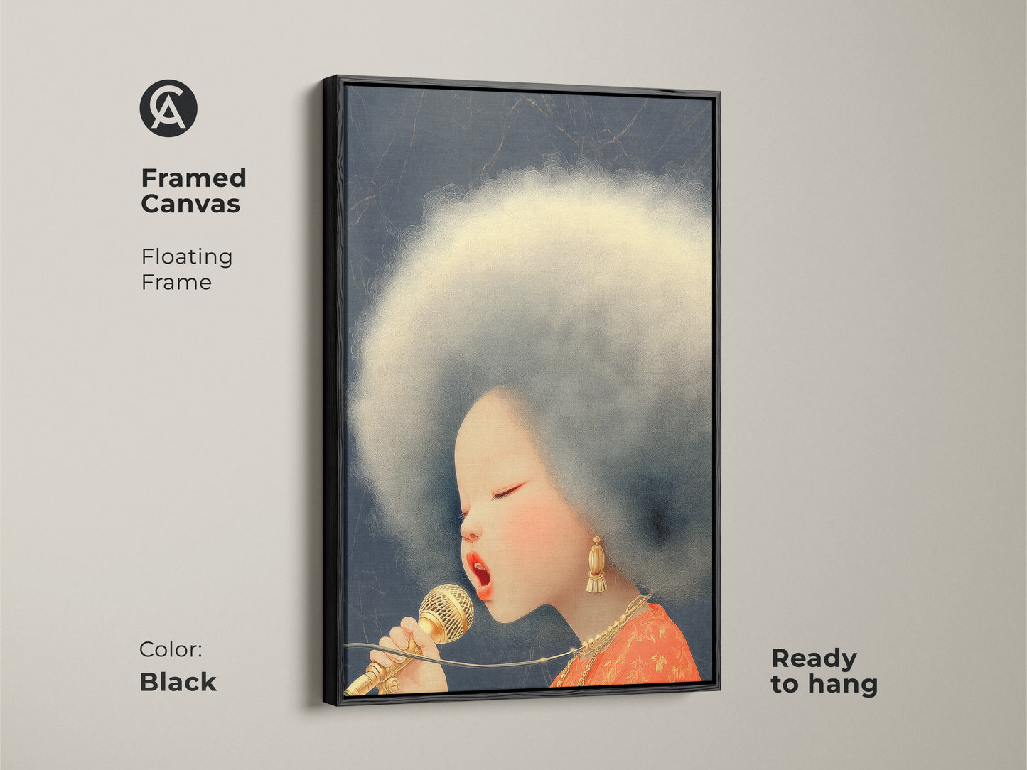 Experience this framed canvas showing an Afro Singer holding a retro microphone. This pop art portrait print brings an eclectic vibe. The black floating frame adds elegance. Perfect wall decor for a music themed space.