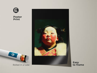 Poster print of a cultural child portrait oil painting style. The artwork features a child in traditional attire with red and gold accents. Easy to frame. This unique cultural artwork is rolled in a tube for protection.