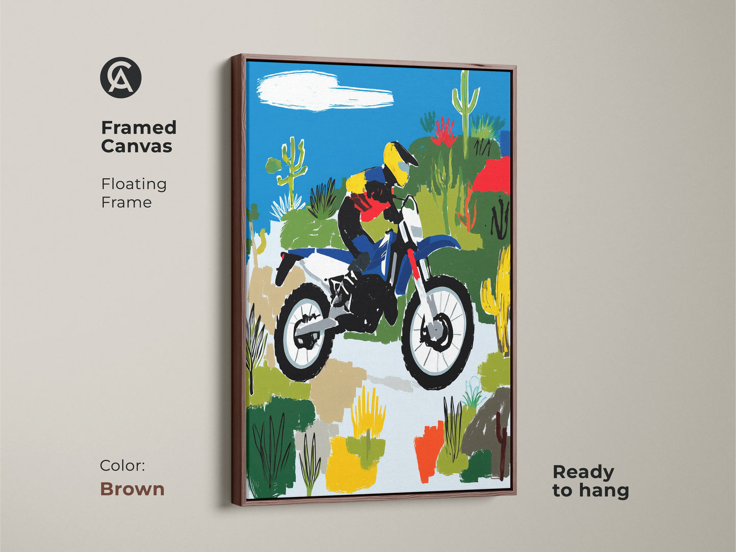 This framed canvas features desert motocross artwork with a brown floating frame. The art is ready to hang. Blue yellow and green tones highlight this abstract rider wall art. Perfect for sports enthusiasts it enhances any decor. This is an ideal gift for racing fans.