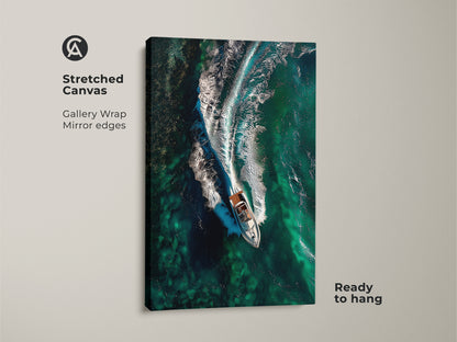 This stretched canvas features an aerial view of a speedboat in emerald green ocean waves. The gallery wrap and mirror edges enhance the contemporary nautical artwork. Ready to hang this piece brings coastal charm to any room. It is an ideal nautical gift for adding a modern seascape to your home decor.