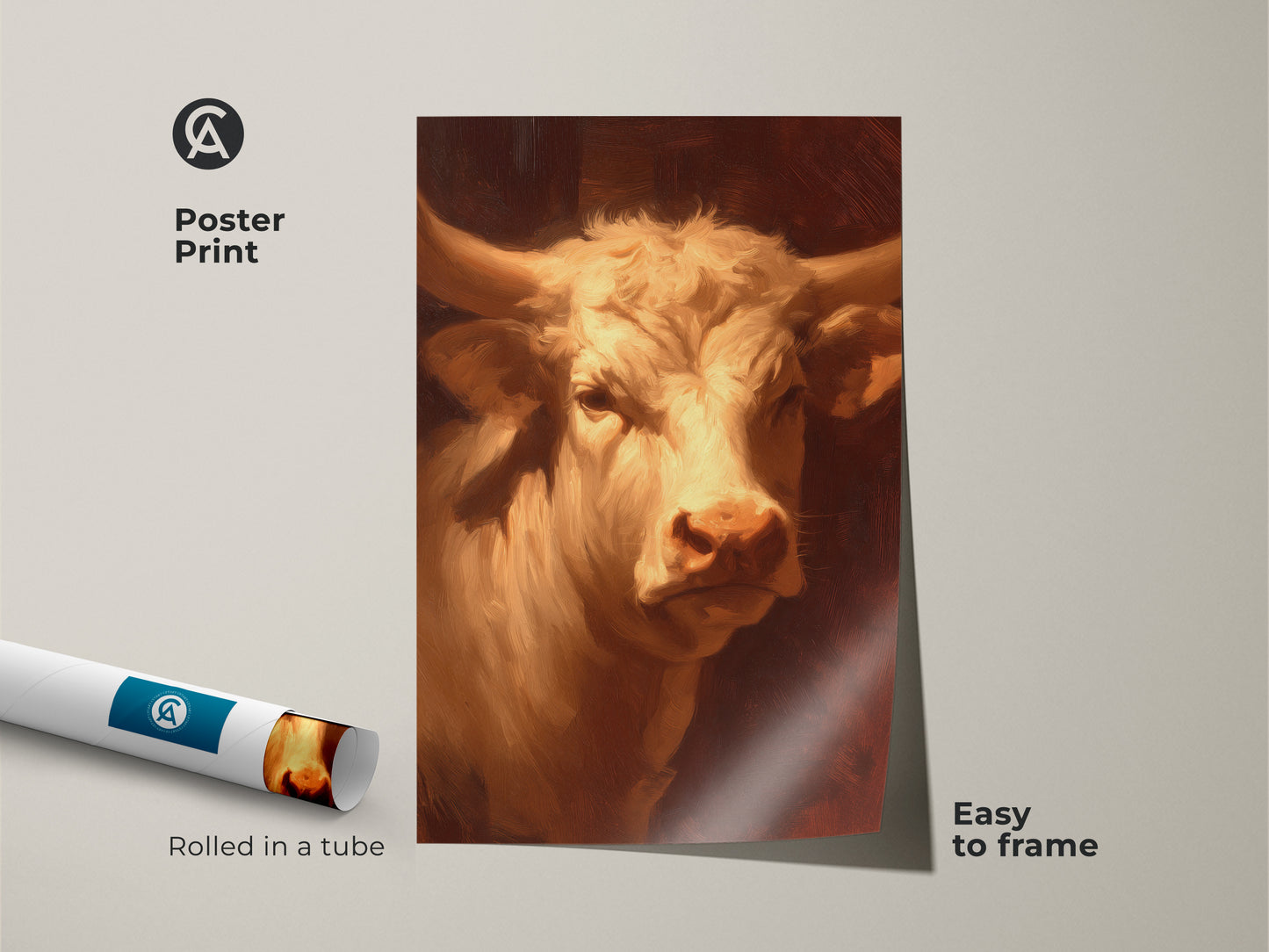 A rolled poster print featuring a beautiful bull. The artwork is easy to frame and display. The print is museum-quality paper. This unique artwork will add character to any room. Purchase yours today!