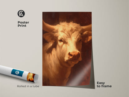 A rolled poster print featuring a beautiful bull. The artwork is easy to frame and display. The print is museum-quality paper. This unique artwork will add character to any room. Purchase yours today!
