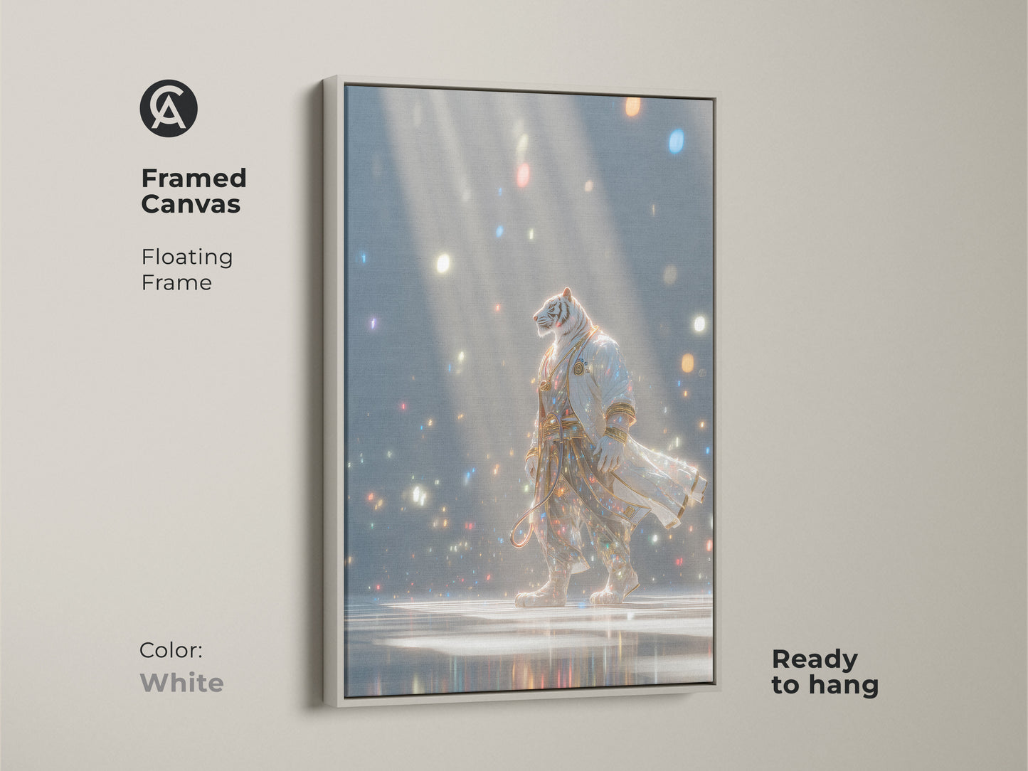 A framed canvas featuring a tiger in a robe. The floating frame is white and the art is ready to hang. The artwork shows a tiger walking in a room full of lights. This unique piece is a great addition to any home.