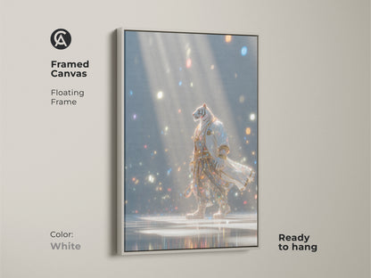 A framed canvas featuring a tiger in a robe. The floating frame is white and the art is ready to hang. The artwork shows a tiger walking in a room full of lights. This unique piece is a great addition to any home.