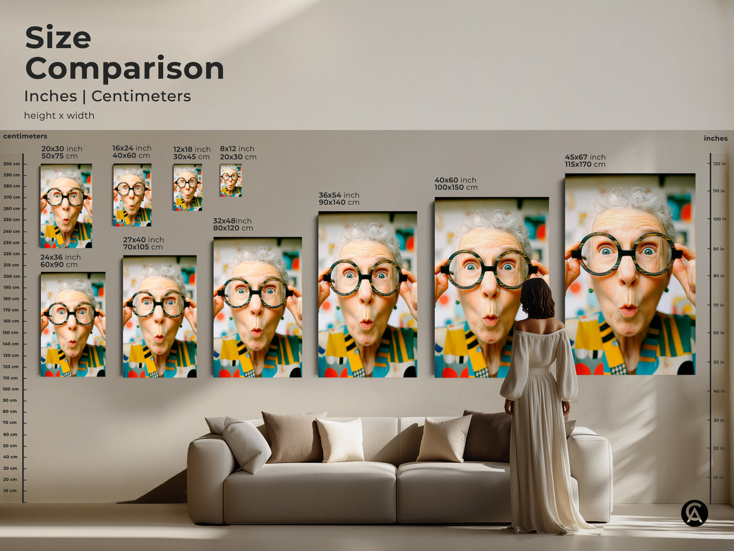 Size comparison of artwork featuring a woman with glasses. Available in inches and centimeters. See how the art looks in various sizes with a model and sofa for scale.