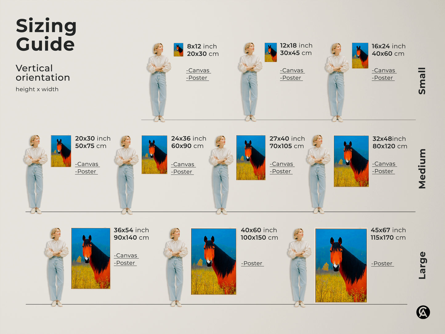 Sizing guide for the vertical orange and blue horse artwork. Visualize canvas and poster sizes.  Find the ideal fit for any space. Enhance your home with equestrian modern farmhouse art. Get the perfect size